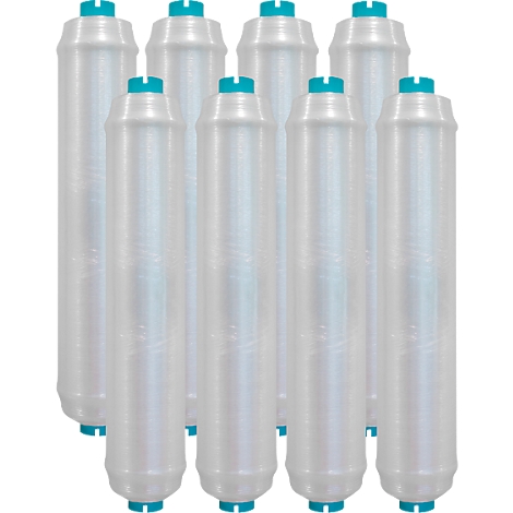 Eight cylindrical water filter cartridges, transparent with turquoise lids, on a white background.