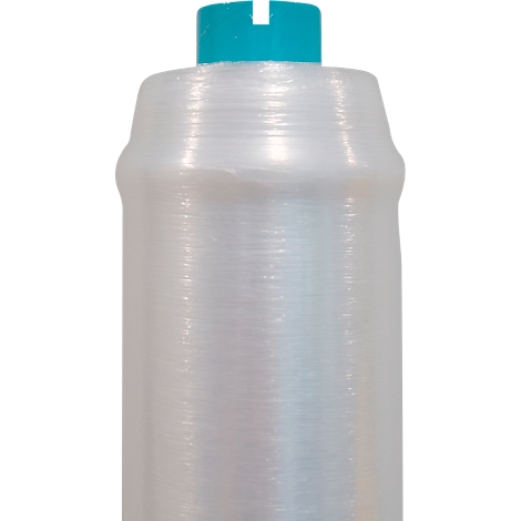 Roll of transparent plastic wrap with turquoise green closure, close up.