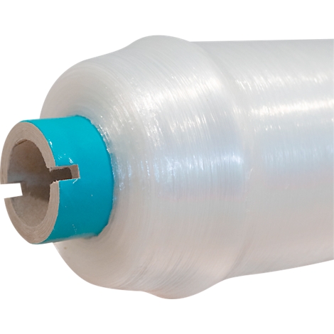 Close-up of a roll of transparent material with a blue ring and a notched recess.