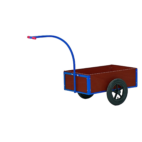 A red wagon with a blue frame, two black wheels, and a blue arched handle with red grips.