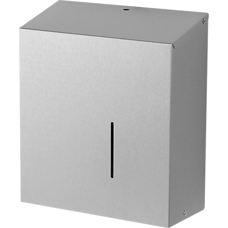 Vierkante, grijze metalen papieren handdoekdispenser met een verticale gleuf.