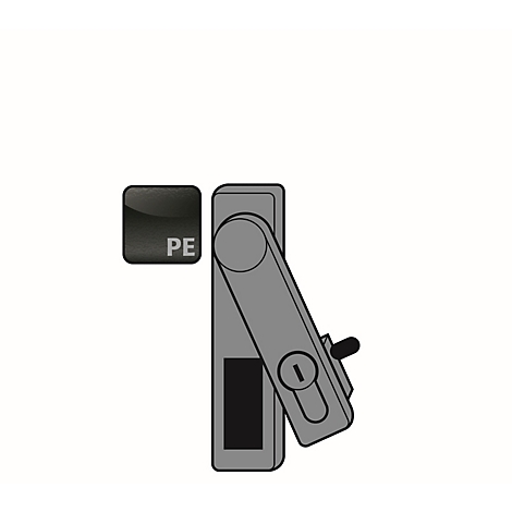 Gray latching device, next to a black square with the inscription PE.