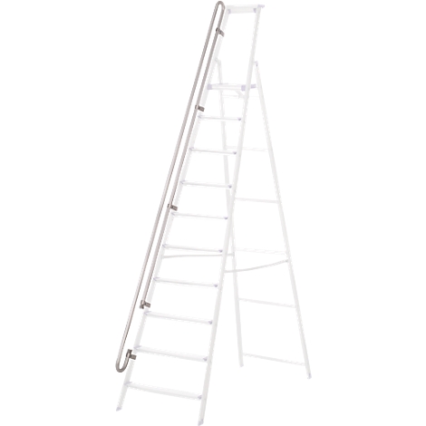 White household ladder with silver handrail.
