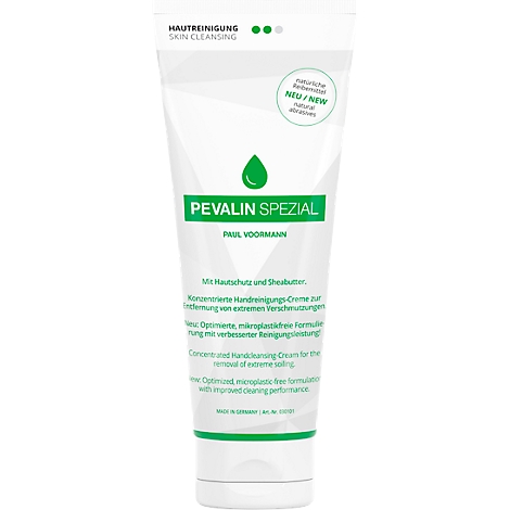 Witte tube met groene belettering PEVALIN SPEZIAL. Tekst: Huidreiniging, Met sheaboter, Nieuw.