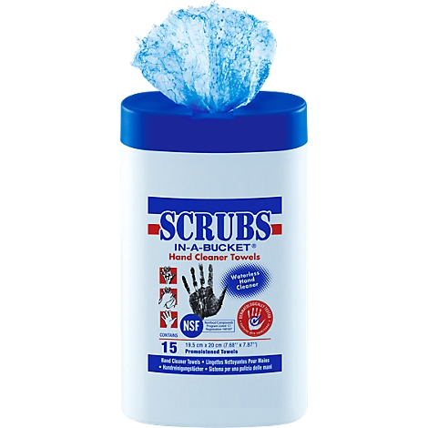 Weiße, zylindrische Handtuchspender-Dose mit blauem Deckel. Blaues Reinigungstuch ragt heraus. Beschriftung: SCRUBS Hand Cleaner Towels. Enthält 15 Tücher.