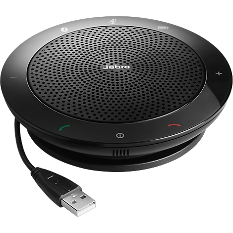Black Jabra speaker with USB cable. Round design with perforated surface, logo, buttons, and ports.