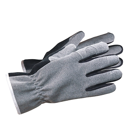 Grijze werkhandschoenen, met zwarte details. De zoom is wit. Op een witte achtergrond.