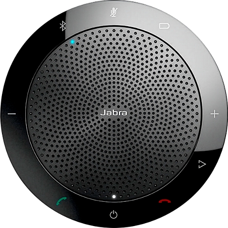 Ronde, zwarte Jabra-luidspreker. Merknaam op het geperforeerde oppervlak. Symbolen voor microfoon en Bluetooth staan bovenaan.