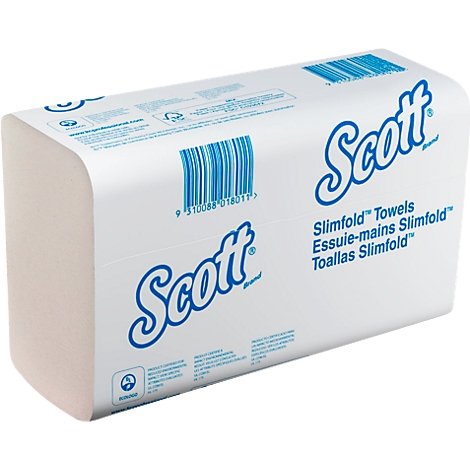 Weiße Papiertücher-Verpackung von Scott, mit blauem Schriftzug und Barcode.