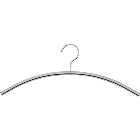 A single silver clothes hanger with a curved bar and bent hook.