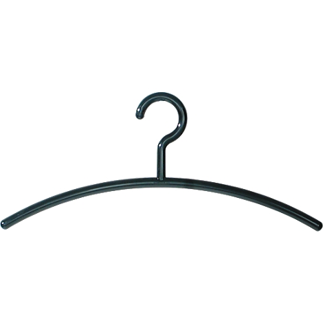 Black clothes hanger with hook, slightly curved.