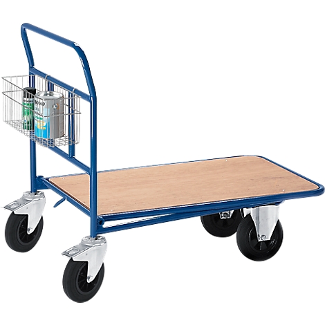 Blue transport cart with wooden board, basket and wheels, filled with paint cans and bottles.