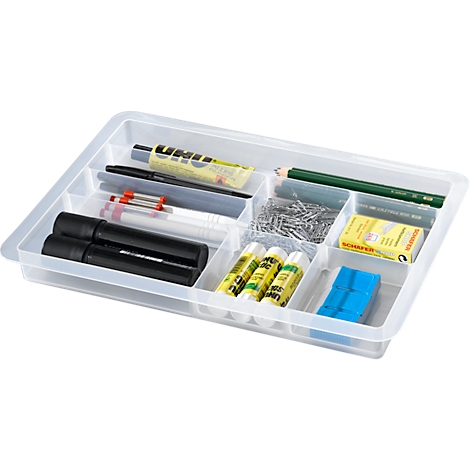 A clear plastic box filled with office supplies: pens, glue sticks, paper clips, pencil.