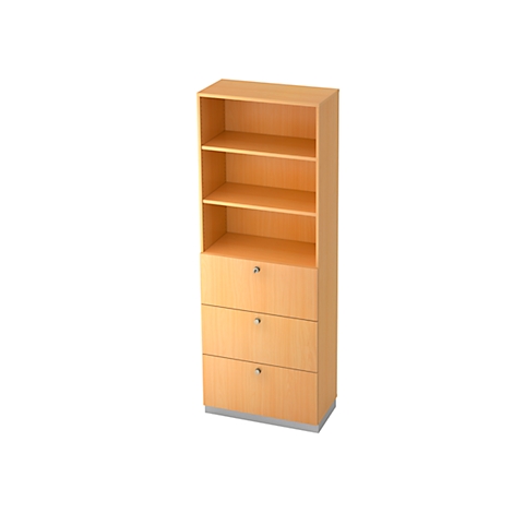 Beige bookshelf with open shelves and drawers; silver handles.
