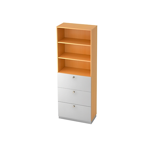 Tall cabinet with open shelves and three drawers. Wooden top, white drawers below.
