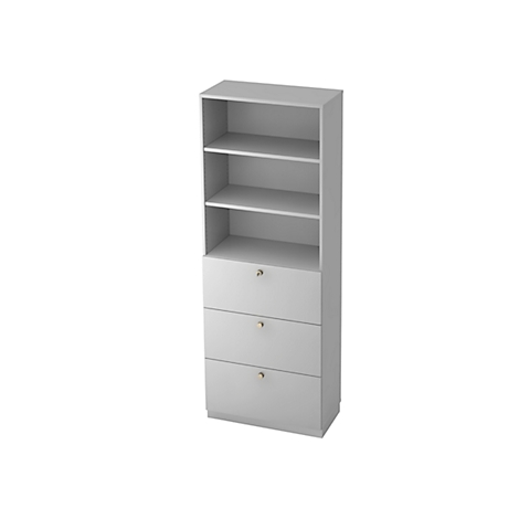 Grey cabinet with open shelves and three drawers with gold knobs.