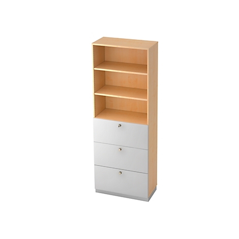 Tall shelving unit with three drawers below and open shelves above. Drawers are white, rest wood-colored.