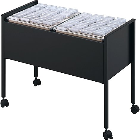 Black hanging file cart with many file folders. It stands on wheels.