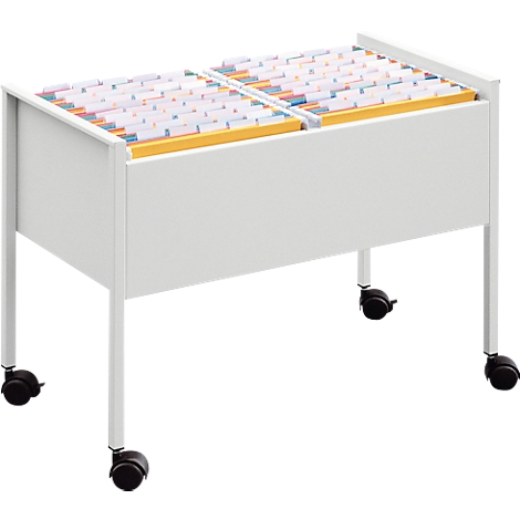 White, rolling file cabinet with open file folders. The folders have colorful tabs.