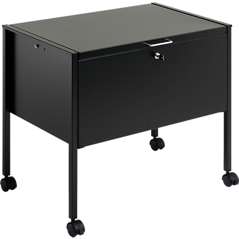 Black file cabinet with wheels. It has a lockable drawer and a lid.