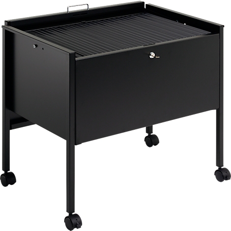 Black, rectangular grill cart with wheels, handle and grill grate, freestanding.