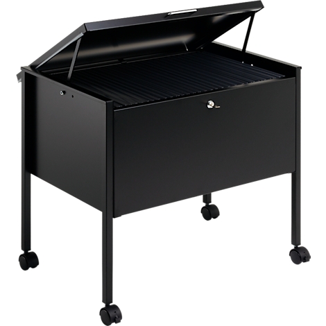Black filing cabinet with open lid on wheels. The lid is held open by a mechanism.