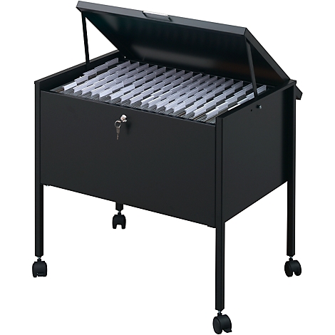 Black archive box with open lid. Inside are many white, elongated objects. It stands on wheels and has a lock.