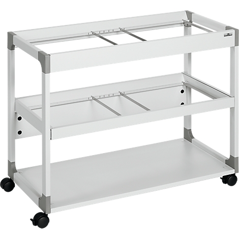 White rolling cart with three shelves. The cart has gray corner connections and wheels.