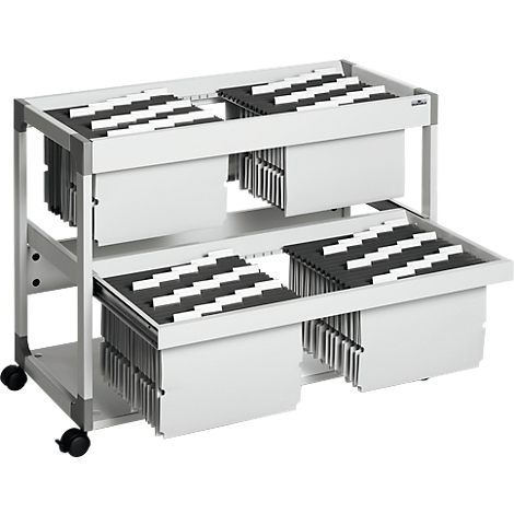 A white rolling cart with two shelves. Each shelf has drawers with index cards. The cart stands on wheels.