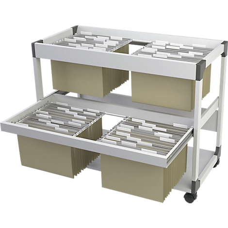 A white file cart with gray corner connectors. It has two tiers with file folders filled with papers.