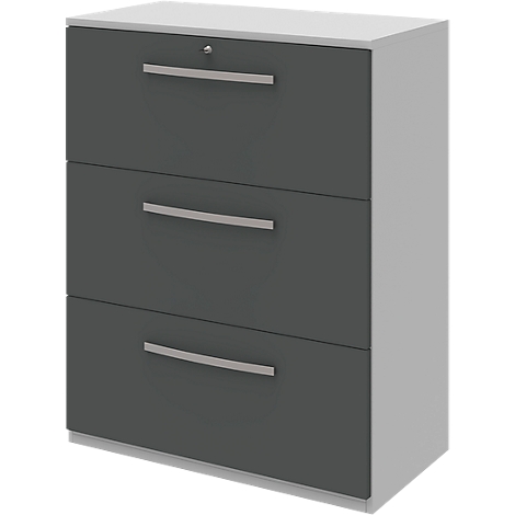 Dark gray filing cabinet with three drawers, silver handles, and a lock.