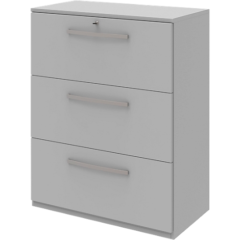 Gray filing cabinet with three drawers and silver handles.
