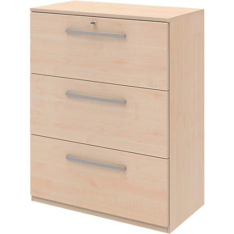 Beige file cabinet with three drawers, grey handles, and a lock.