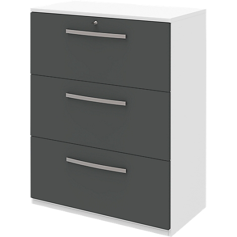 Gray three-drawer filing cabinet with silver handles. The cabinet is bordered in white.
