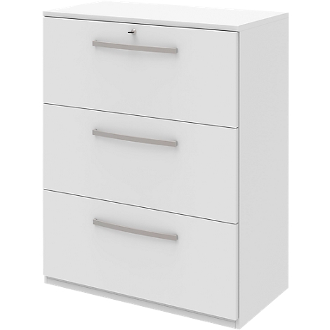 White file cabinet with three drawers and silver handles.