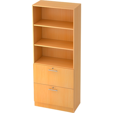 Beige office bookcase with shelves and drawers. The bookcase has three shelves and two drawers.
