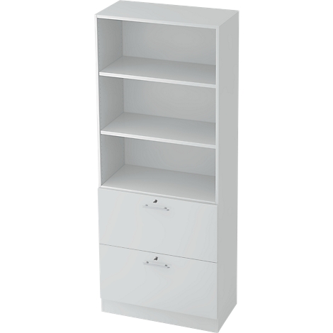 White shelf with multiple shelves and drawers with handles.