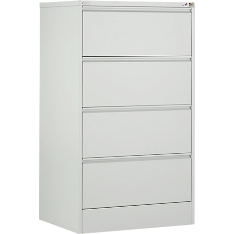 Grijze archiefkast met vier lades. Metaal, eenvoudig ontwerp, schoon, neutrale achtergrond.