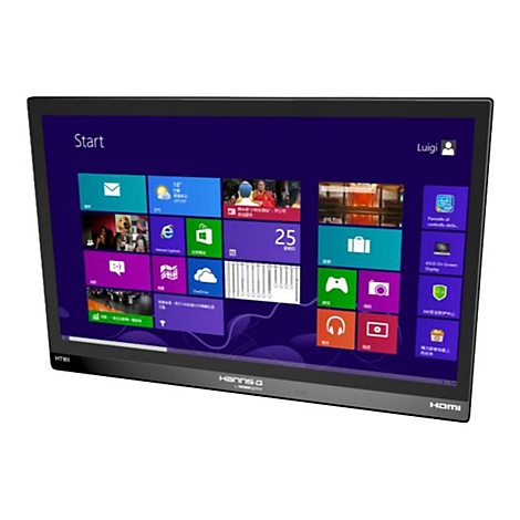 Hanns-G Monitor mit Windows-Startbildschirm vor weißem Hintergrund.