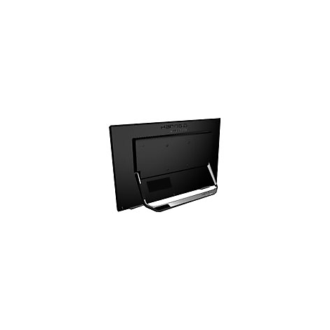 Rückseite eines schwarzen Monitors mit Standfuß auf weißem Hintergrund.
