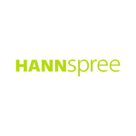 Das hellgrüne Logo des Unternehmens HANNspree auf weißem Hintergrund.