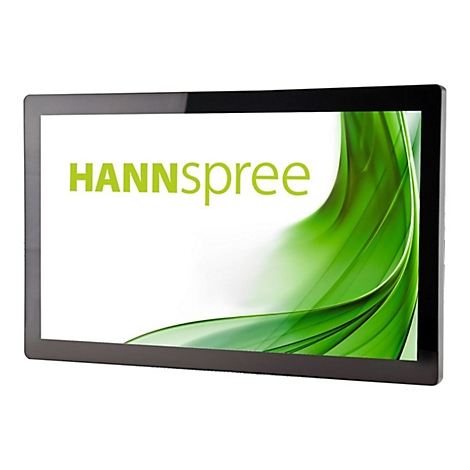 HANNspree Monitor mit schwarzem Rahmen vor weißem Hintergrund und grünem, geschwungenem Design auf dem Display.
