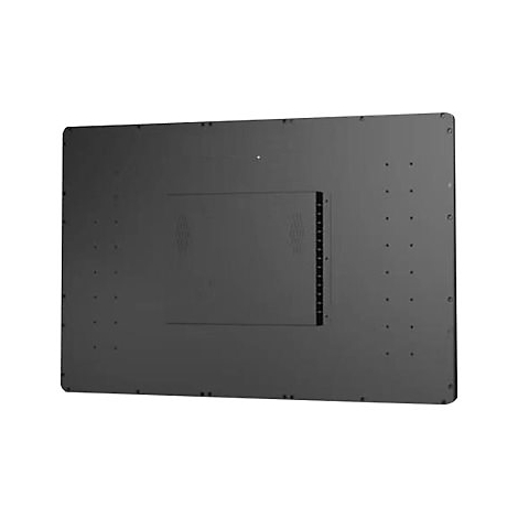 Rückseite eines schwarzen Flachbildschirms mit Montagebohrungen auf einem neutralen Hintergrund.