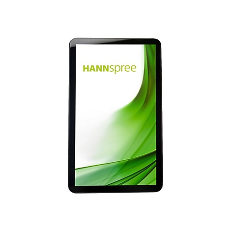 Schwarzes Hannspree-Tablet vor weißem Hintergrund mit grün-weißem geschwungenem Hintergrundbild auf dem Display.