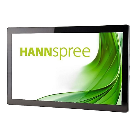 HANNspree Monitor mit schwarzem Rahmen und grünem, geschwungenem Grafik-Display vor weißem Hintergrund.