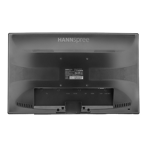 Rückseite eines schwarzen Hannspree Monitors mit Anschlussleiste und Produktlabel.
