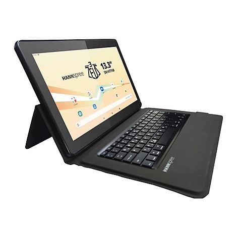 Ein schwarzes Tablet mit Tastatur, auf dem Bildschirm steht 'HANNSspree' und 'ZEUS 13.3".