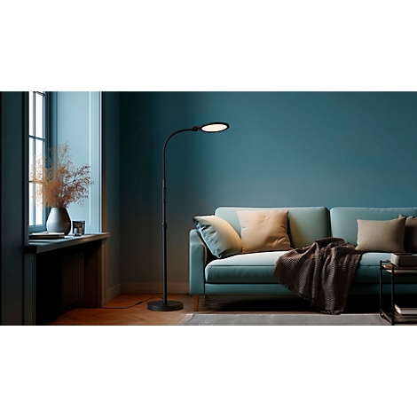 Lampadaire noir éclairant un salon. À côté d'un canapé, d'une fenêtre avec des plantes et des coussins.