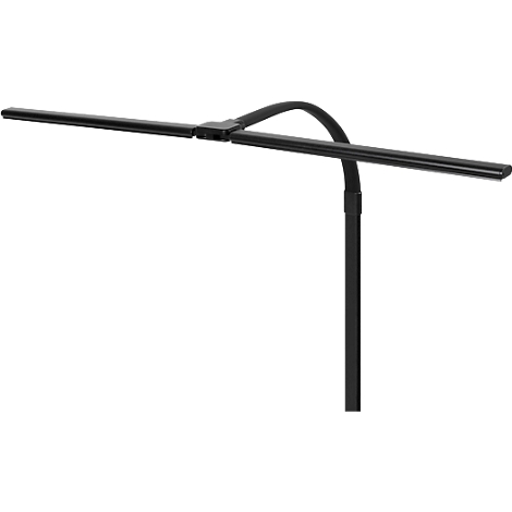Schwarze Schreibtischlampe mit horizontalem Leuchtarm, gebogenem Arm und vertikalem Ständer.