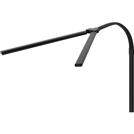 Schwarze Schreibtischlampe mit LED-Leuchten, die in drei Richtungen verstellbar ist.